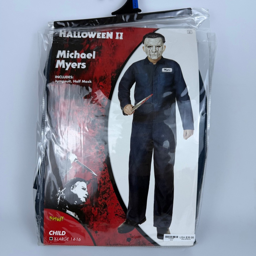 Spirit Halloween II Michael Myers Costume Kids XL 14-16 Blue Jumpsuit Mask Set